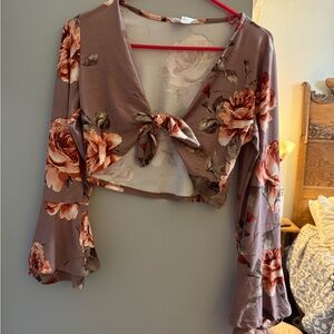 Sadie & Sage Brown Floral Tie-Front Cropped Blouse